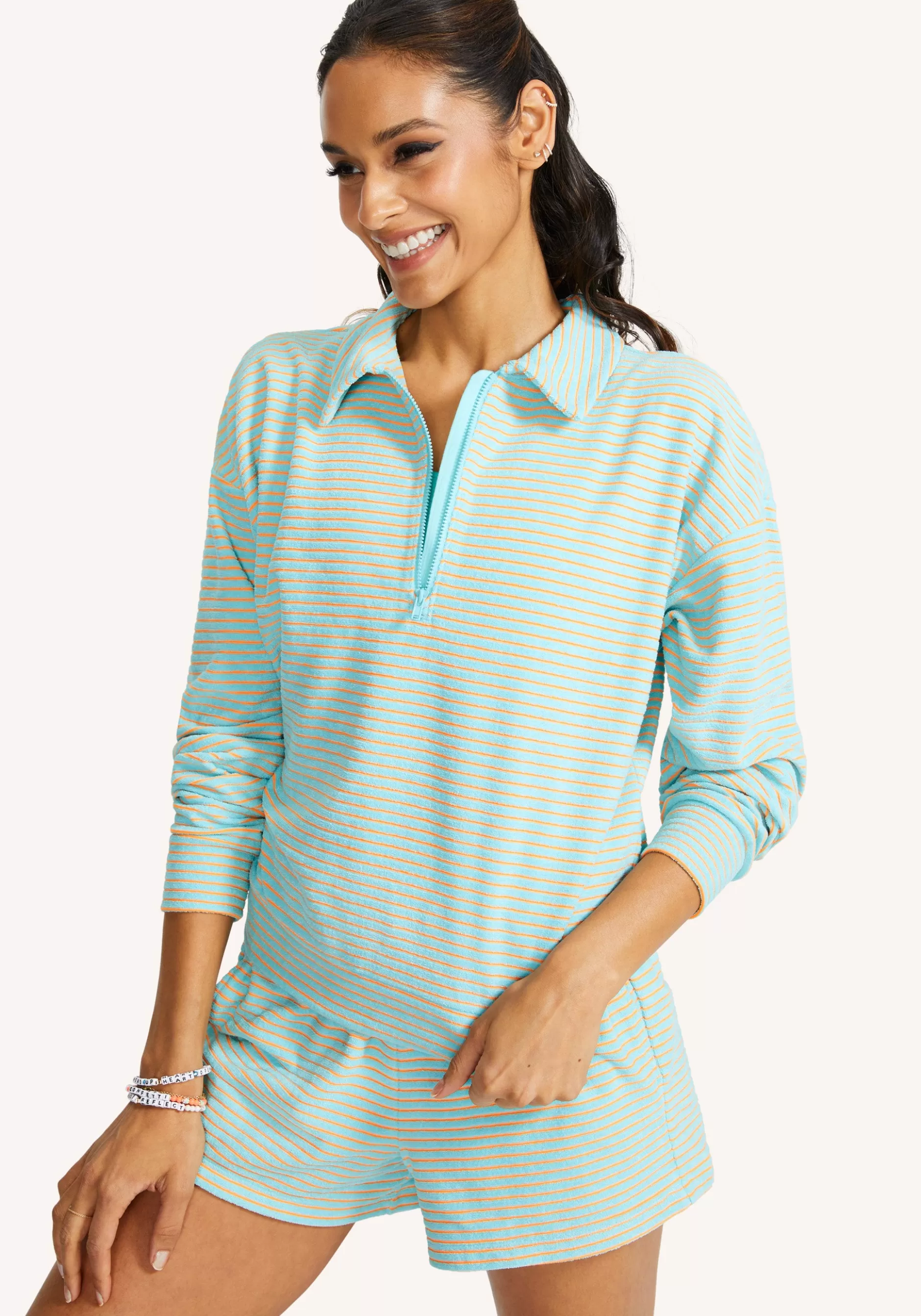 Best Striped Terrycloth Polo Pullover Women Tops